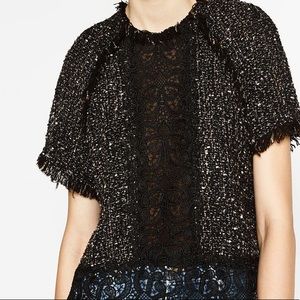 Zara Woman Tweed Lace Sweater Short Sleeves Sz Medium
